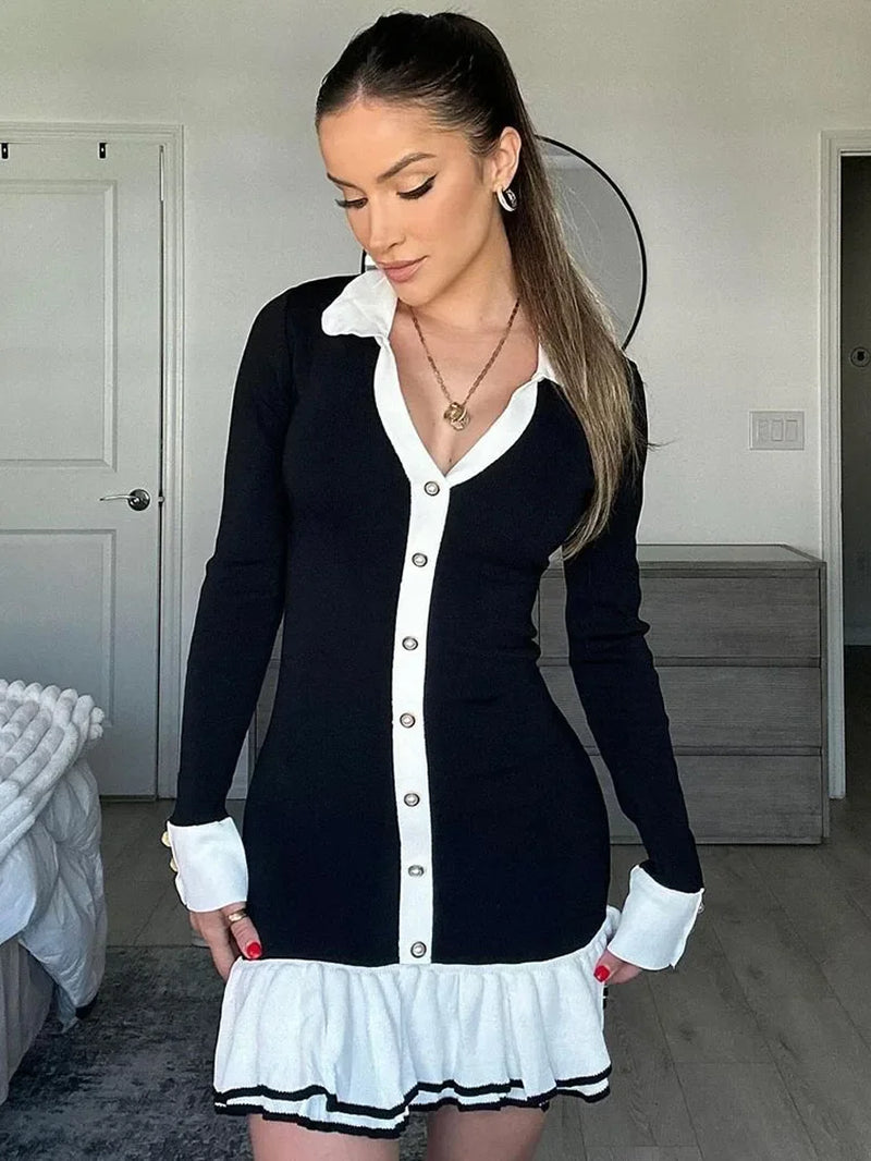 Ruffled Bow Knit Mini Dress Women'S Summer Backless Contrast Cardigan Lace-Up Elegant Dress Female Knitwear Bandage Dress