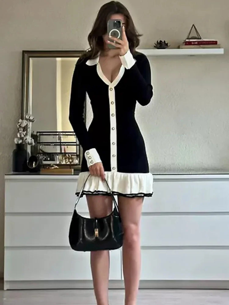 Ruffled Bow Knit Mini Dress Women'S Summer Backless Contrast Cardigan Lace-Up Elegant Dress Female Knitwear Bandage Dress