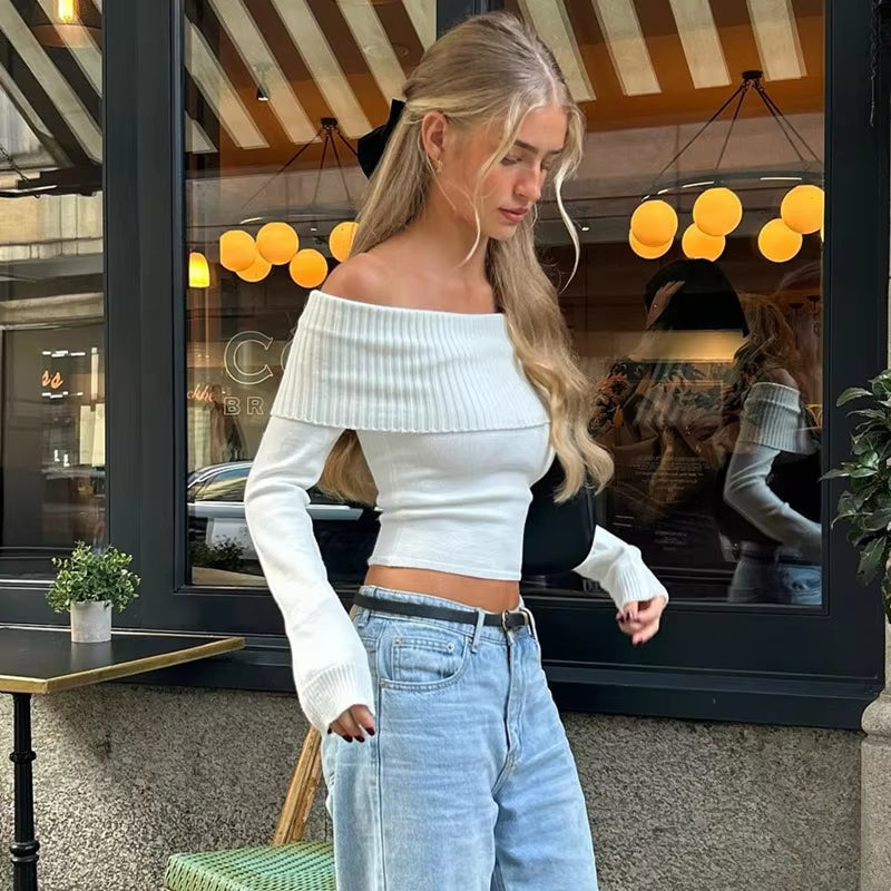 Sexy Tops off Shoulder Long Sleeve Sweater Women'S Autumn Winter 2024 New Elegant Knitted Slim Fit Short Skinny Pullover