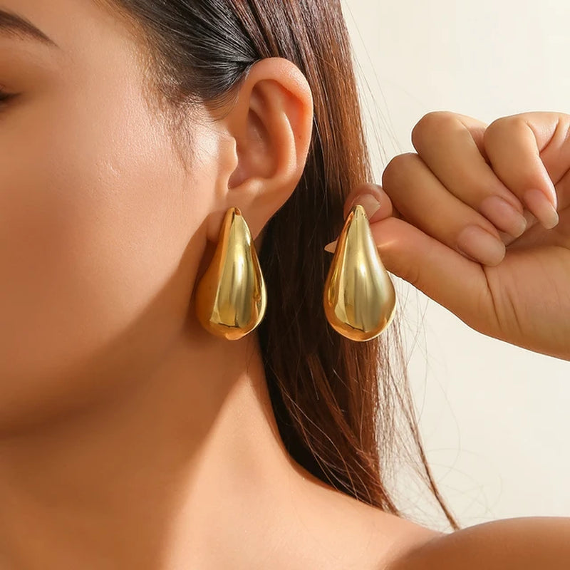 Vintage Gold Color Chunky Water Drop Dome Stud Earrings for Women Trendy Punk Glossy Tear Earring Jewelry Accessories